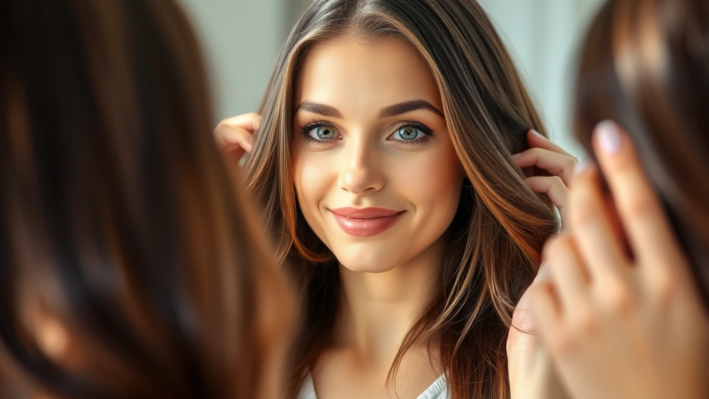 Woman examining shiny healthy hair in mirror, bright natural lighting, close-up of glossy brunette locks, wellness spa setting, relaxed expression, morning skincare routine atmosphere
