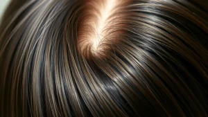 Close-up of healthy scalp with thick, shiny hair strands, natural lighting, wellness-focused, no text