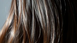 Close-up of healthy, voluminous hair strands in natural light, showing shine and thickness, person with long dark hair looking down