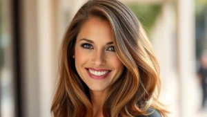 Woman with thick, healthy shoulder-length brown hair smiling at camera in bright natural sunlight, professional headshot style, showing vibrant hair texture and shine