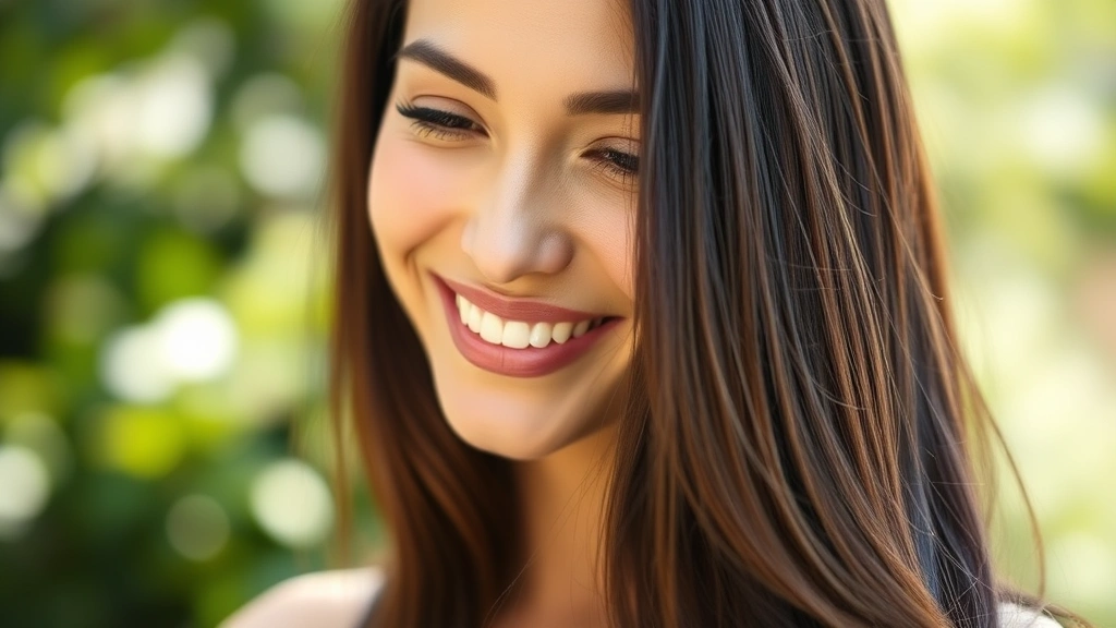 Woman with healthy, shiny dark hair in natural sunlight, smiling confidently, close-up of hair texture showing vitality and thickness, wellness aesthetic, no visible hair loss