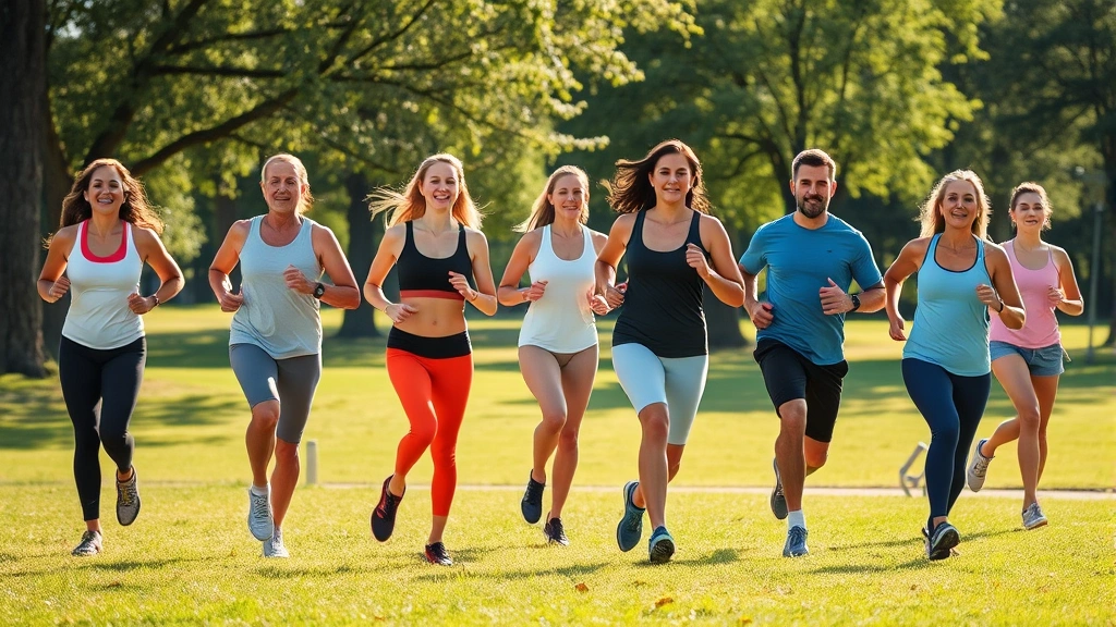 Diverse group of healthy people exercising outdoors in park, jogging and stretching, natural sunlight, fit bodies in motion, positive energy, trees and grass background, active lifestyle