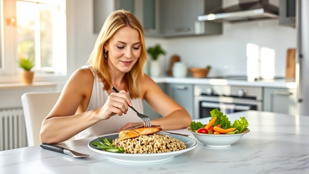 Woman eating a balanced meal with grilled salmon, quinoa, and fresh vegetables at a bright kitchen table, sunlight streaming through window
