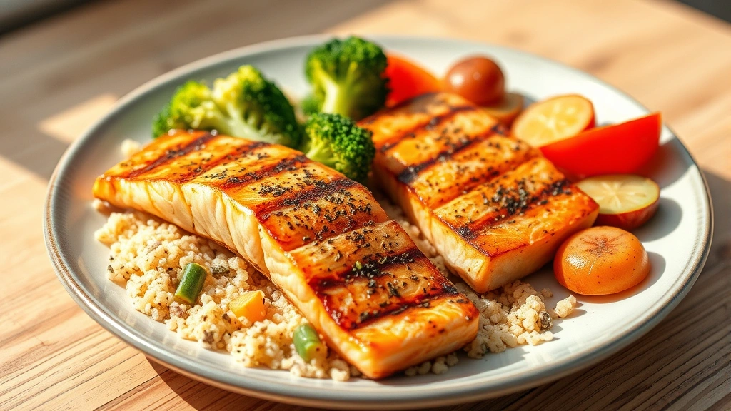 Nutritious meal plate with grilled salmon, quinoa, steamed broccoli, and colorful vegetables in natural daylight, fresh and appetizing presentation