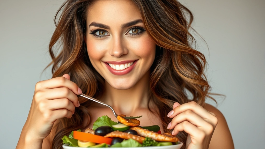 Fit woman with strong, healthy hair eating a protein-rich meal with vegetables and lean protein, confident and healthy appearance, wellness lifestyle