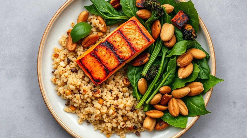 Overhead view of colorful balanced meal plate with grilled salmon, quinoa, roasted vegetables, leafy greens, and nuts, emphasizing whole foods for nutrition and hair health