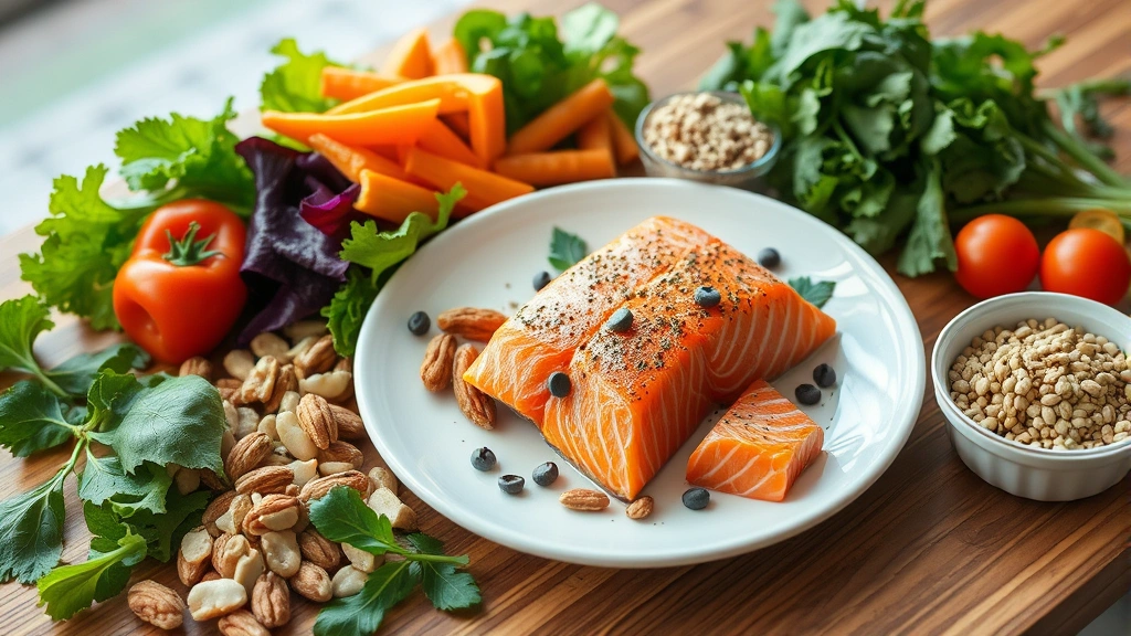 Nutritious meal spread with salmon, colorful vegetables, nuts, leafy greens, whole grains on wooden table, vibrant fresh ingredients, natural daylight, healthy eating concept, no text visible