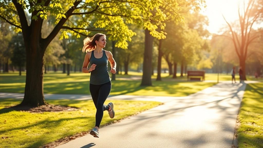 Person exercising outdoors on a sunny morning, jogging through a park with trees, showing active lifestyle and wellness focus