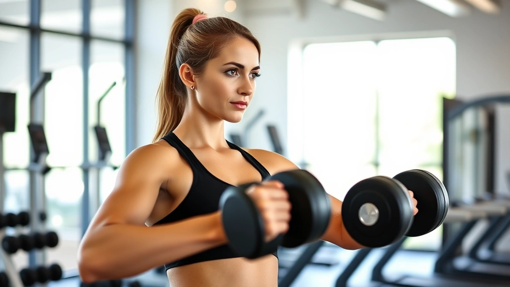 Woman doing resistance training with dumbbells in modern gym, focused expression, showing strength and health, bright natural lighting through windows