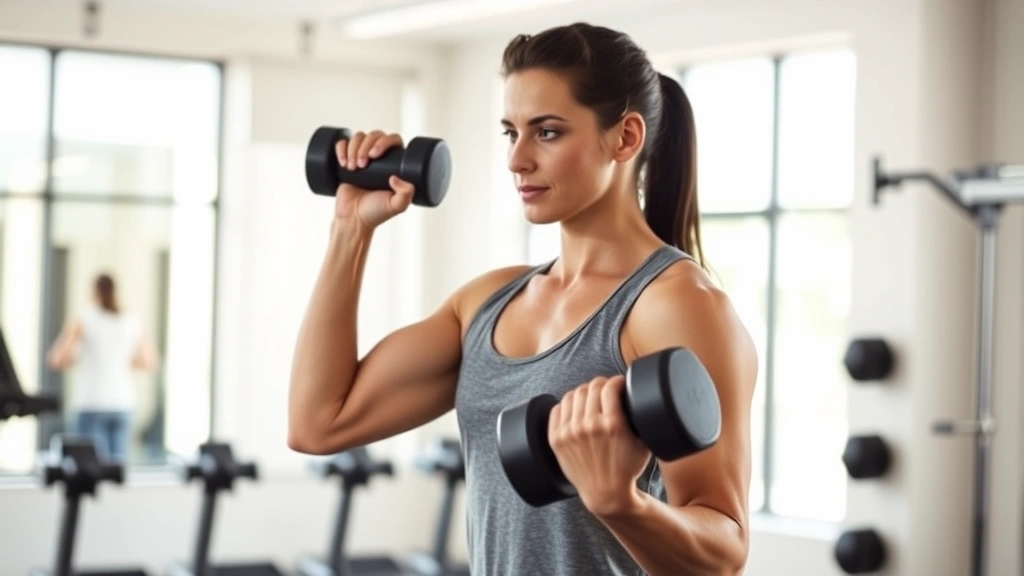Person doing strength training exercises with dumbbells in bright gym, showing fitness and resistance exercise for metabolic support during weight loss journey