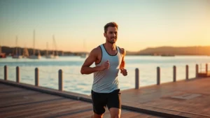 Fit person jogging on waterfront boardwalk during sunrise with calm bay waters and sailboats in soft morning light, athletic wear, peaceful expression