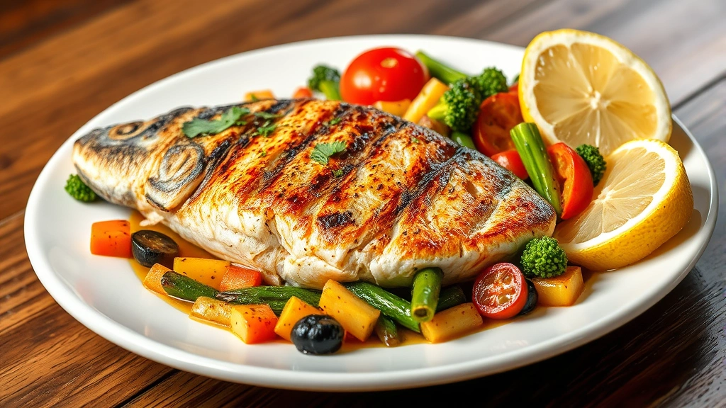 Colorful Mediterranean-style grilled fish fillet with fresh steamed vegetables on white plate, garnished with lemon wedges, professional food photography lighting