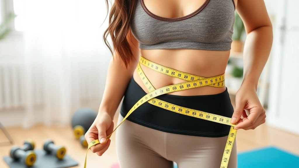 Woman measuring waist circumference with measuring tape, standing in home gym environment with dumbbells and yoga mat visible, positive confident posture