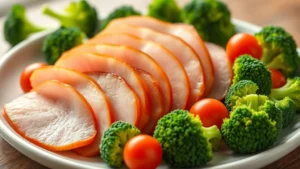 Close-up of fresh sliced lean ham on a white plate with vibrant green broccoli florets and cherry tomatoes, natural daylight, clean minimalist food styling, photorealistic