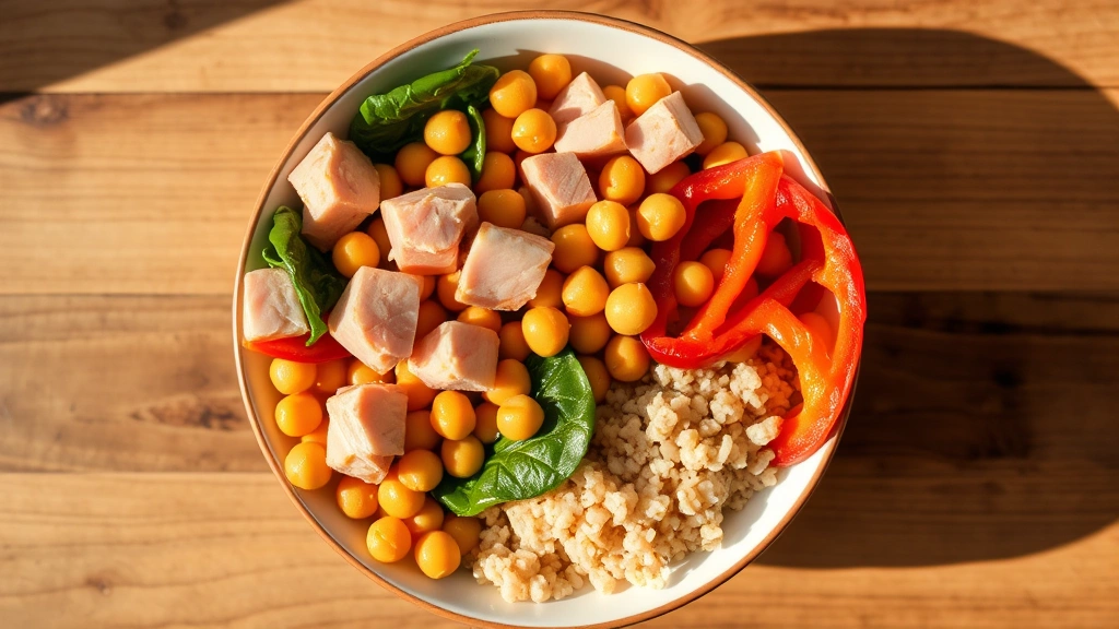 Overhead view of a balanced meal bowl containing cubed ham, chickpeas, mixed vegetables including bell peppers and spinach, and quinoa, wooden table background, warm natural lighting
