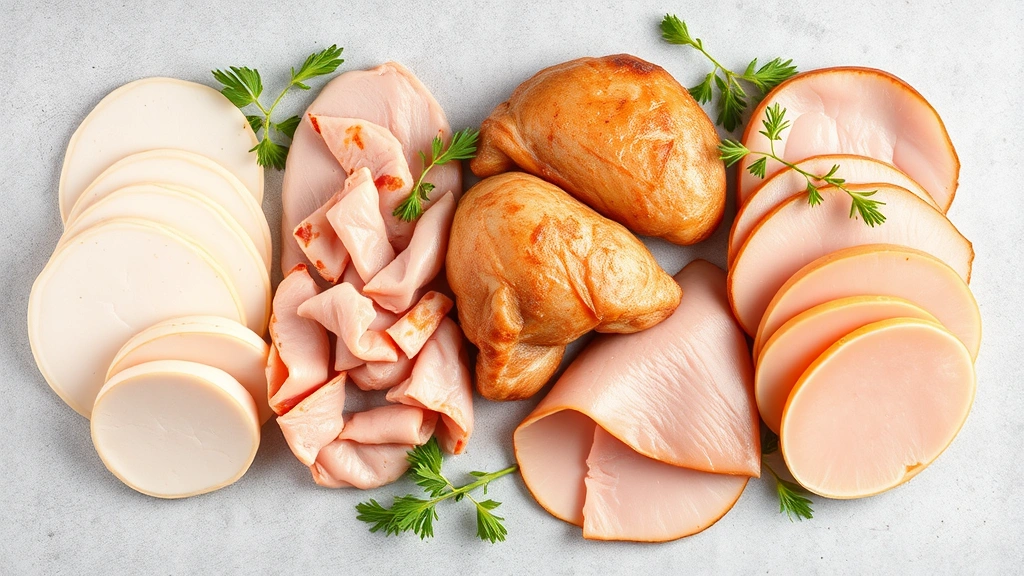 Flat lay of various protein sources including sliced turkey breast, chicken breast, and ham arranged on a neutral surface with fresh herbs, bright professional food photography
