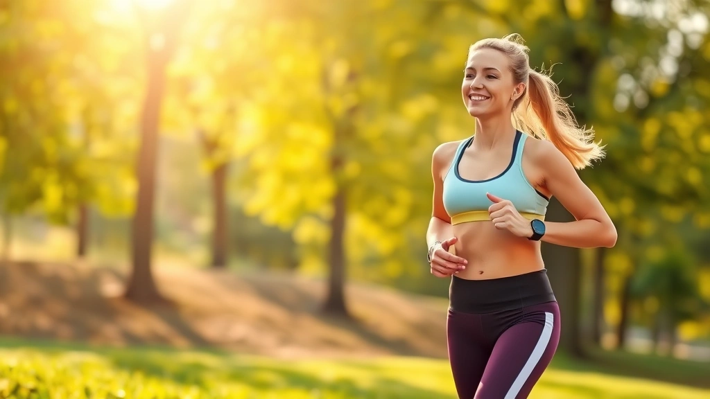 Woman jogging outdoors in morning sunlight through a park, wearing athletic wear, peaceful expression, healthy and energetic appearance, natural background with trees