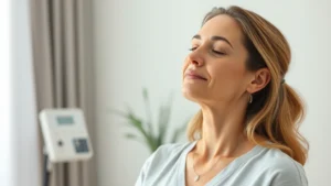 Woman measuring thyroid area gently, calm clinical setting, soft natural lighting, wearing comfortable health-focused clothing, peaceful expression