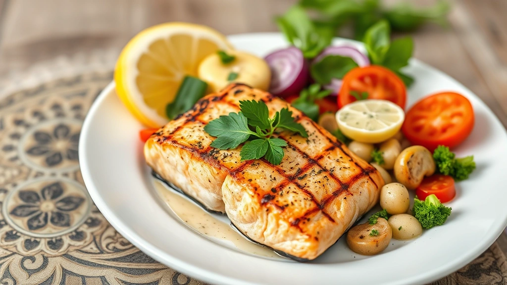 Colorful plate of fresh vegetables, grilled salmon fillet, and healthy fats on white plate, Mediterranean-style meal, professional food photography, natural lighting