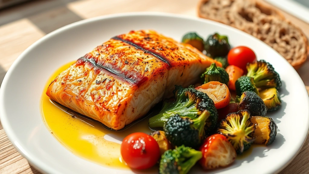 Colorful plate with grilled salmon, roasted vegetables including spinach and broccoli, olive oil drizzle, whole grain bread, warm natural sunlight