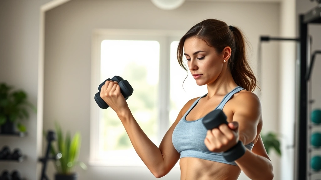 Woman doing resistance training with dumbbells in home gym setting, focused expression, strong posture, bright natural light from windows, fitness equipment visible