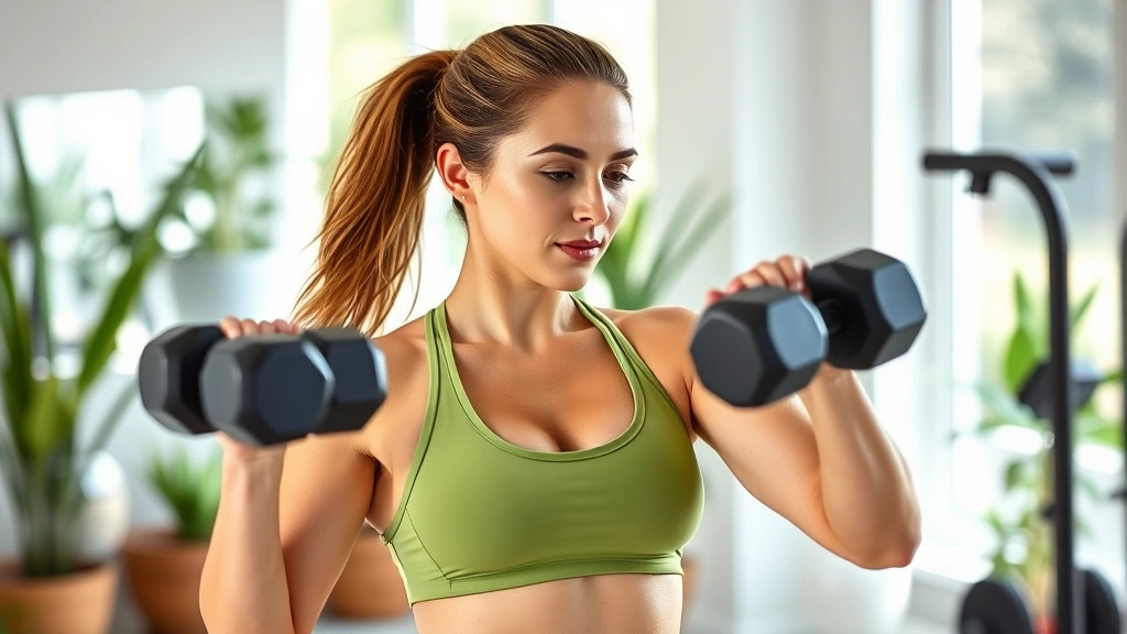 Woman doing resistance training with dumbbells in bright home gym, focused expression, healthy physique, sunlit room with plants, encouraging atmosphere