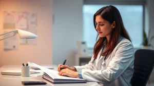 Female healthcare professional in white coat reviewing medical documents at desk, warm clinical lighting, professional wellness environment, no charts or text visible
