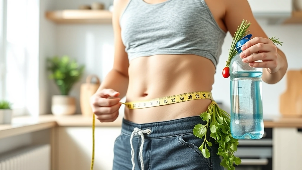 Person measuring waist with tape measure while holding healthy fresh vegetables and water bottle, natural morning light, clean modern kitchen background, focused and determined expression