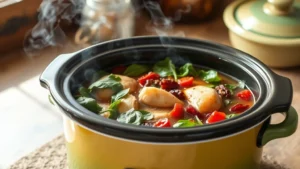 Colorful slow cooker filled with tender chicken, fresh spinach, and sun-dried tomatoes in rich broth, steam rising, rustic kitchen setting, natural lighting, appetizing presentation