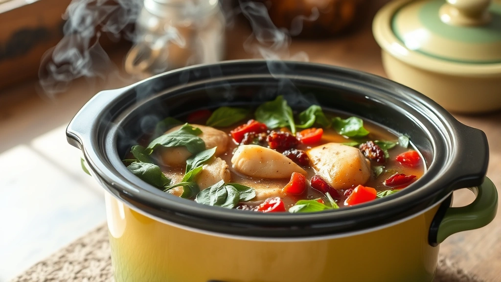 Colorful slow cooker filled with tender chicken, fresh spinach, and sun-dried tomatoes in rich broth, steam rising, rustic kitchen setting, natural lighting, appetizing presentation