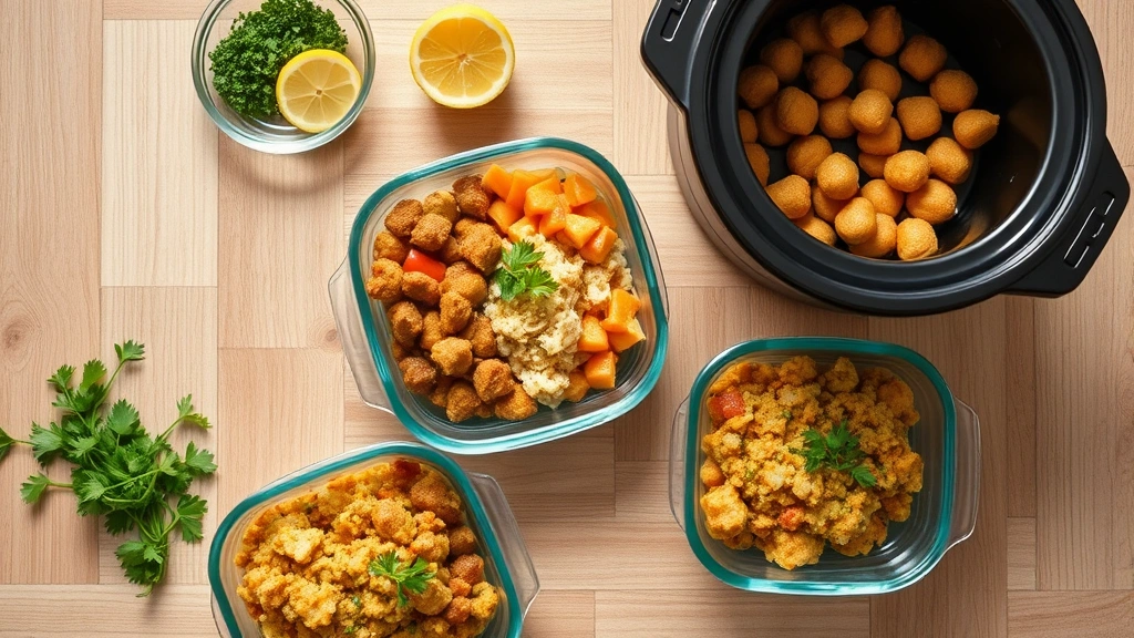 Overhead shot of portioned crockpot meals in glass containers arranged on wooden table with fresh herbs and lemon slices nearby, clean kitchen aesthetic, bright daylight