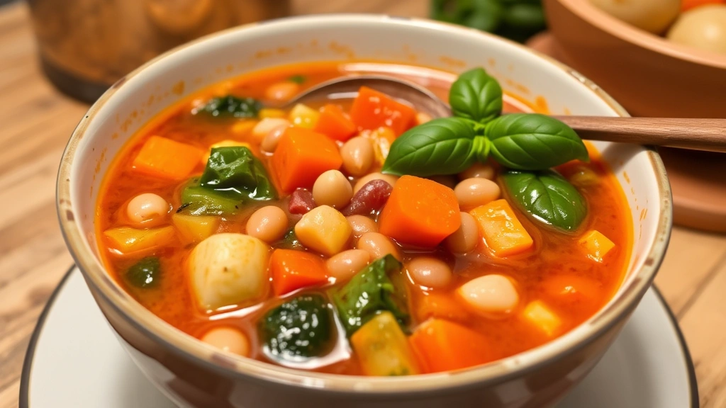 Bowl of vegetable-rich minestrone soup with visible beans, carrots, zucchini and spinach, garnished with fresh basil, wooden spoon resting on rim, cozy kitchen background