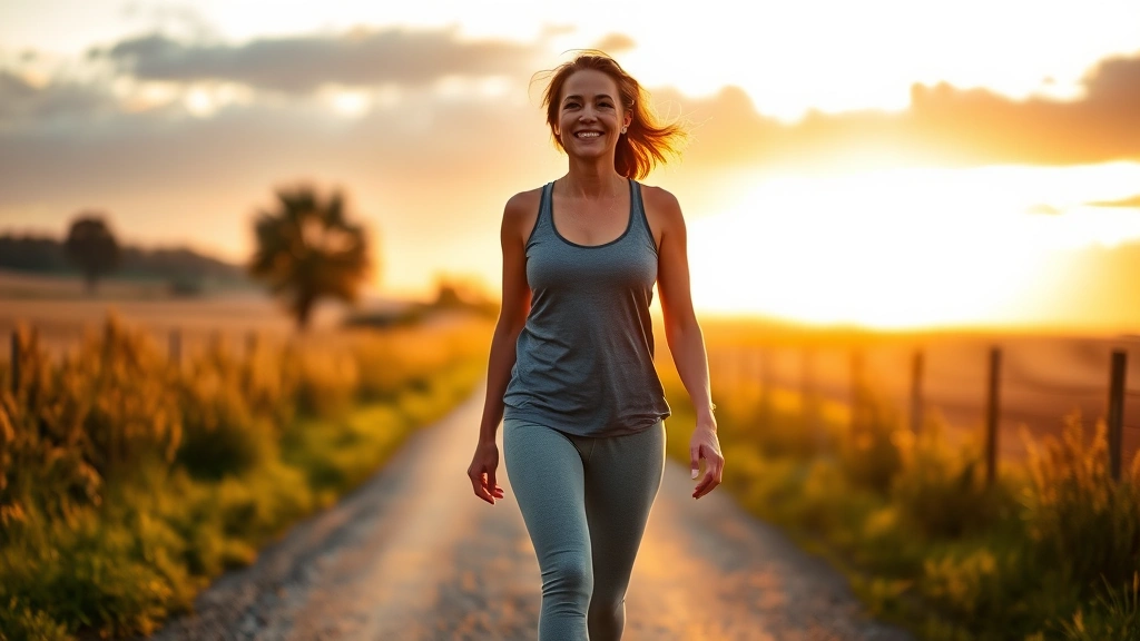 A middle-aged woman walking on a rural country road at sunset, wearing comfortable athletic clothes, smiling peacefully with fields and farmland in the background, golden hour lighting, realistic photography