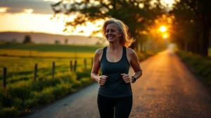 A middle-aged woman in casual fitness wear smiling while walking on a scenic country road lined with green fields and trees during golden hour sunlight, photorealistic wellness lifestyle photography
