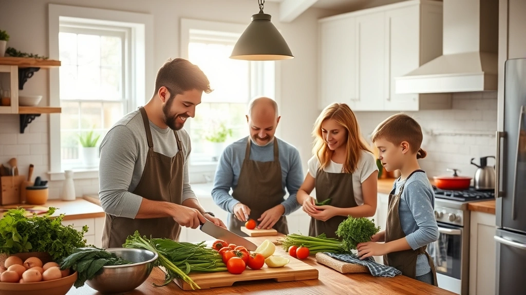 A family in a modern farmhouse kitchen preparing fresh vegetables together, chopping produce on a wooden cutting board, natural sunlight streaming through windows, warm and welcoming atmosphere, realistic lifestyle photography