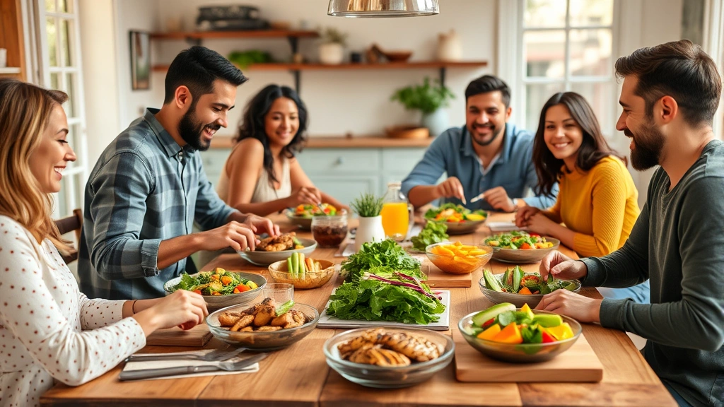 A diverse family gathered around a rustic farmhouse table sharing a colorful meal with fresh vegetables, grilled chicken, and salad bowls, warm natural lighting, health-focused dining moment