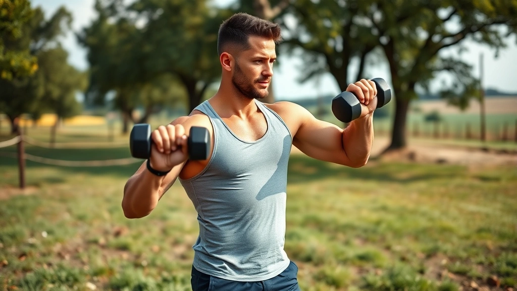 A fit man in farm setting doing outdoor resistance exercise with dumbbells, standing in a rural yard with trees and open land visible, summer day, confident posture, realistic fitness photography