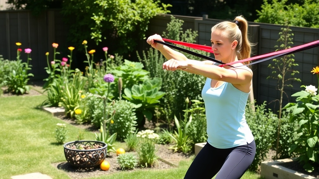 A person doing outdoor strength training exercises using resistance bands in a backyard garden setting with flowers and vegetables growing, sunny day, practical home fitness scene