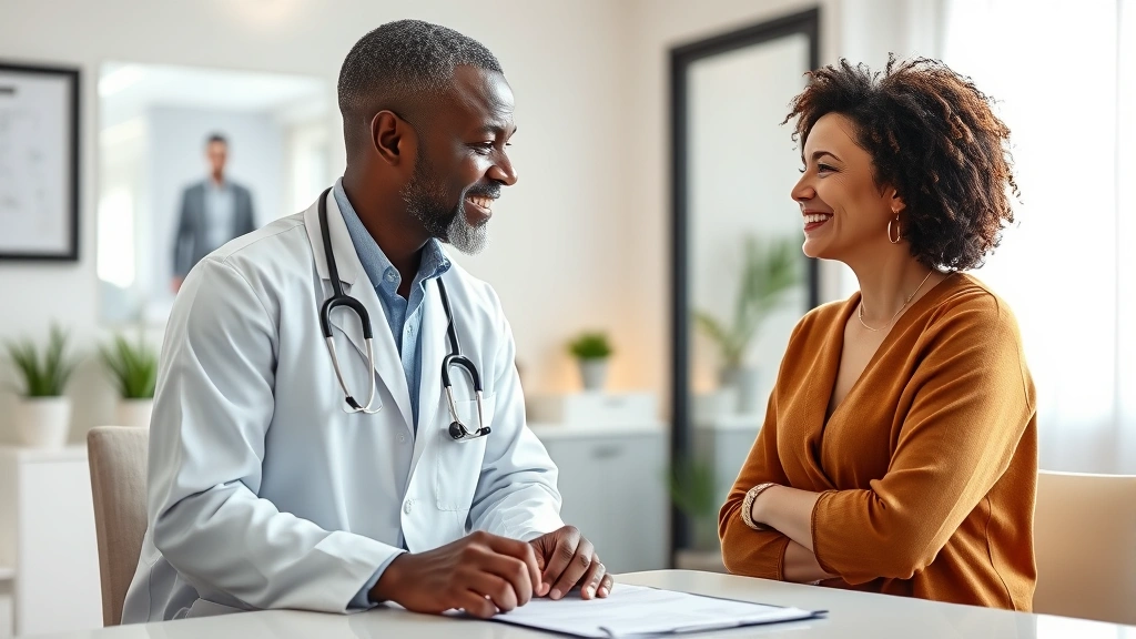 Professional healthcare provider in white coat consulting with diverse middle-aged patient in modern medical clinic office, both smiling, warm lighting, desk with health documents