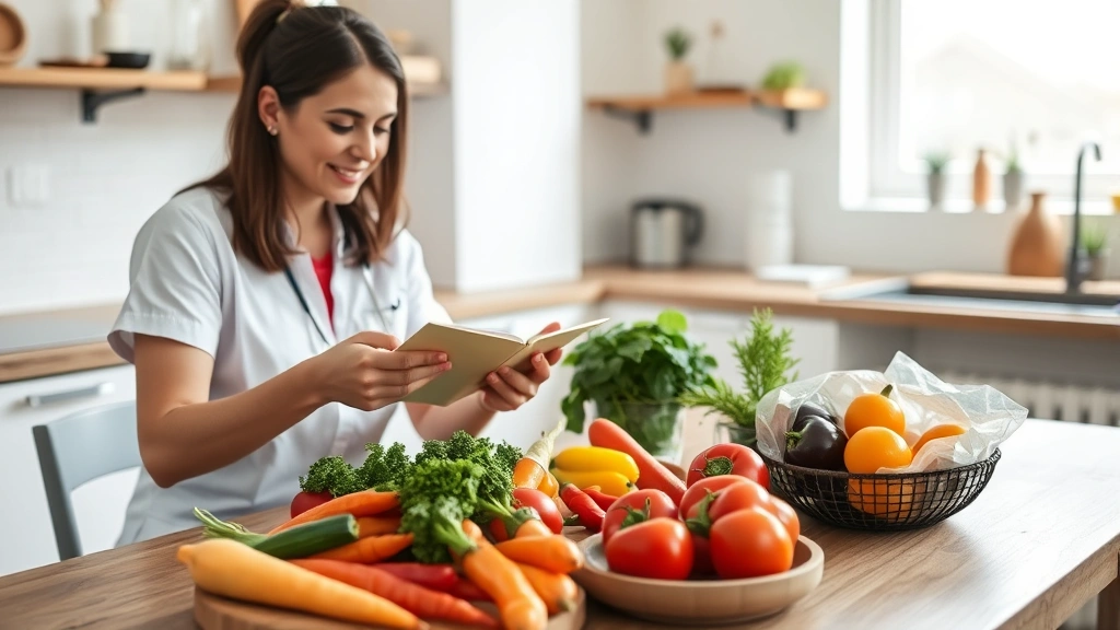 Registered dietitian reviewing colorful fresh vegetables and whole foods on wooden table during nutrition consultation with patient, bright kitchen setting, healthy meal preparation focus