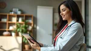 Professional woman in medical consultation on video call, holding tablet, modern home office background, natural lighting, healthcare setting aesthetic