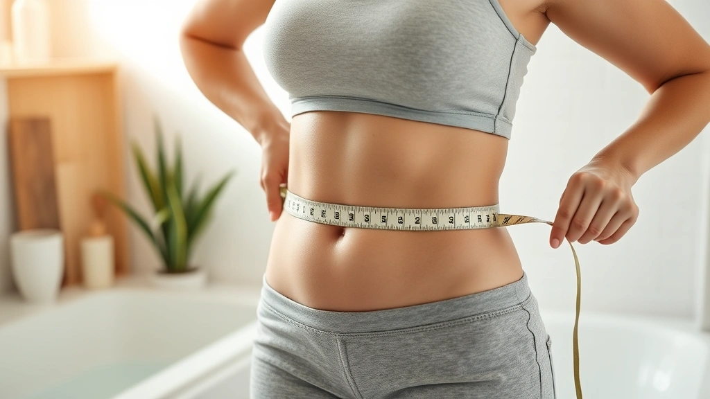 Woman measuring waist with measuring tape after weight loss, looking at results with satisfaction, home bathroom setting, morning light, progress moment