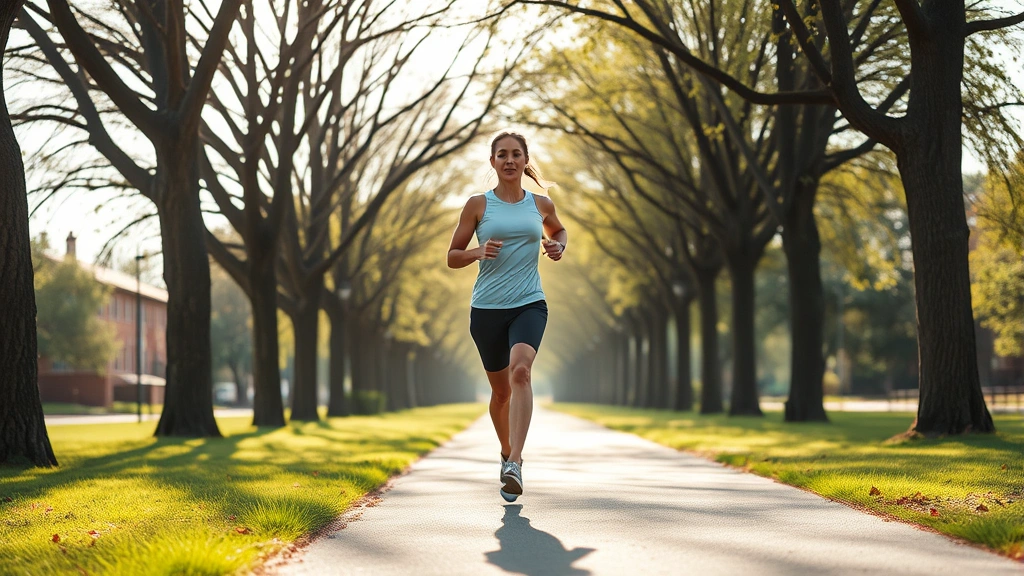 Fit person jogging outdoors on tree-lined path, athletic wear, natural morning light, healthy lifestyle in action, suburban park setting
