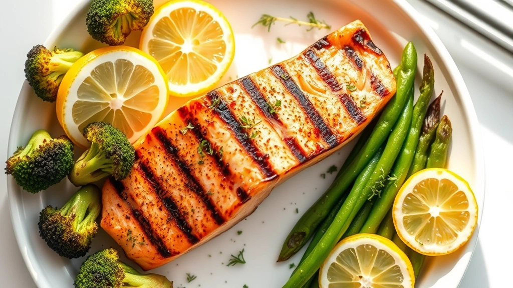 Overhead view of a vibrant grilled salmon fillet surrounded by roasted broccoli, green beans, and lemon wedges on a white ceramic plate, natural window lighting, fresh herbs garnish