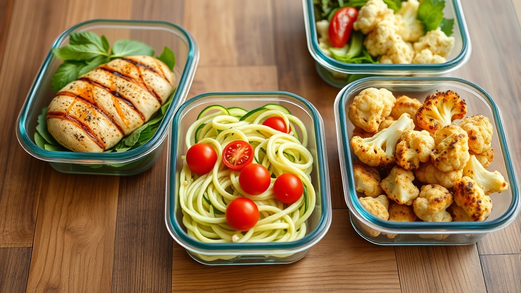 Meal prep containers arranged on a wooden table containing grilled chicken breast, spiralized zucchini noodles with cherry tomatoes, and roasted cauliflower, glass containers, soft natural light
