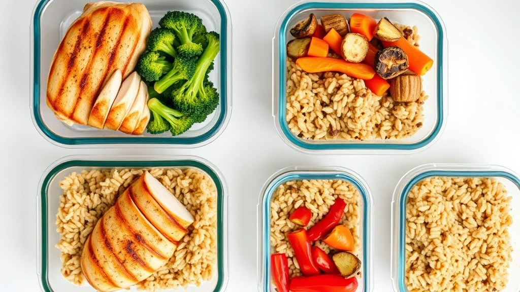 Overhead view of organized meal prep containers with grilled chicken breast, roasted broccoli, brown rice, and colorful bell peppers in glass storage containers on a white kitchen counter