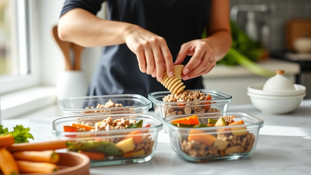 Bright kitchen scene showing a person portioning cooked ground turkey and roasted vegetables into clear glass meal prep containers, with fresh ingredients visible on the counter