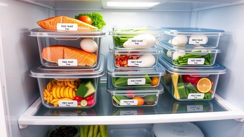 Refrigerator shelf displaying neatly organized, labeled meal prep containers with various high-protein meals including salmon, eggs, Greek yogurt, and fresh vegetables in different arrangements