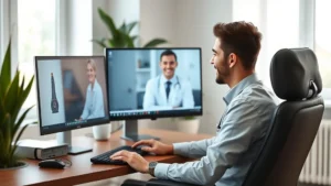 Person sitting at home computer during a virtual medical consultation, smiling at screen, modern bright office space, natural lighting, professional healthcare setting, photorealistic