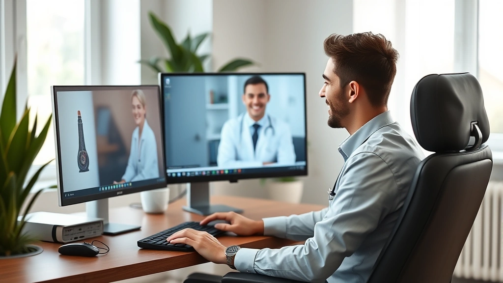 Person sitting at home computer during a virtual medical consultation, smiling at screen, modern bright office space, natural lighting, professional healthcare setting, photorealistic
